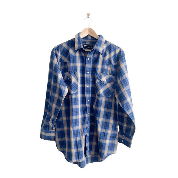 MWG Apparel Western Shirt Men's L Snap-Up Blue Gold Black Plaid Long-Sleeved - Picture 1 of 11